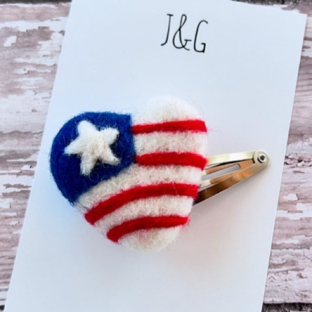 Handmade wool merino felt Fourth of July flag heart snap hair clip- handcrafted